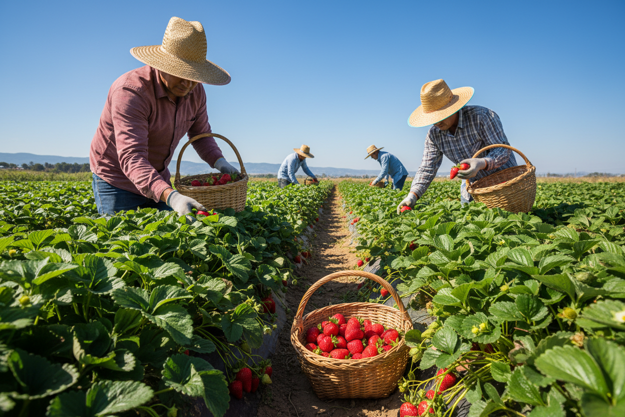 realistic picture of strawberries picked on field by farmers 